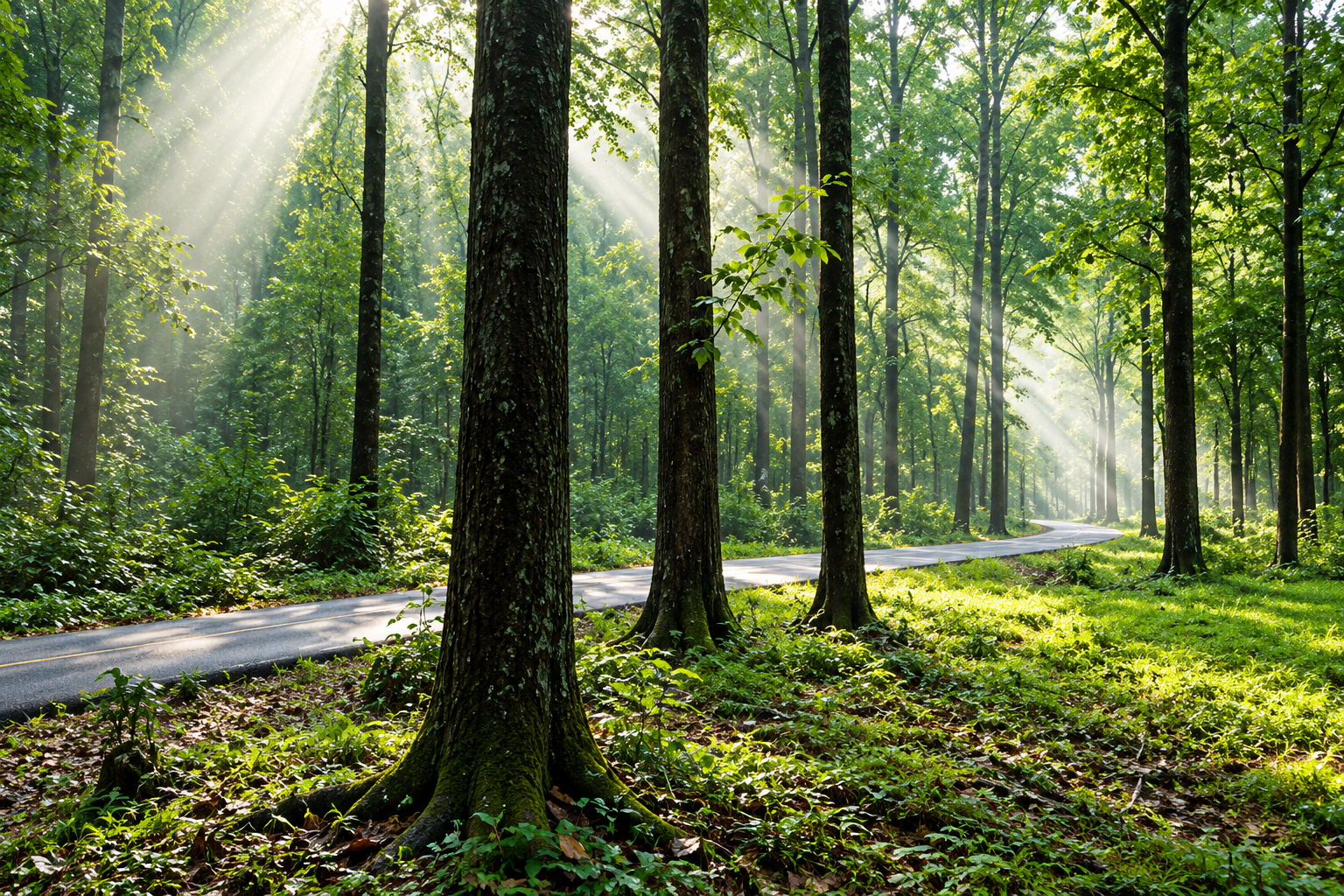 A winding path through a sunlit green forest
